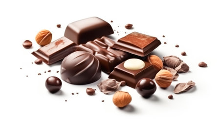 Candies from various types of chocolate, chocolate pieces, truffle lie in a heap, white background. Sweet chocolate dessertの素材