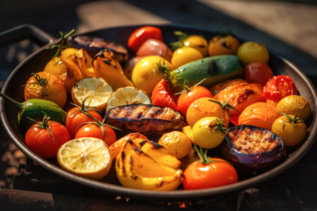 Various barbecue grilled vegetables laid out beautifully on a large dish. vegetarian barbecue, party, summer holidaysの素材