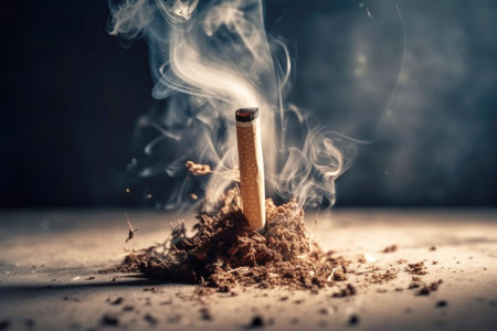 Smoking cigarette, cigarette burning and tobacco smoke, dark background. copy space. World no tobacco day.の写真素材