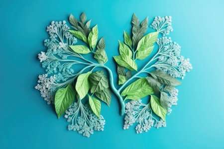 Human lungs from green leaves, blue background copy space. Healthy respiratory system, anatomical silhouetteの写真素材