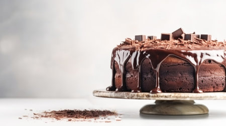 Chocolate cupcake cake decorated with chocolate icing and chocolate chips on stand dish. Festive sweet chocolate dessertの素材