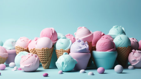 Summer dessert, ice cream in balls in bowls and waffle cones with different flavors on a bright modern backgroundの素材