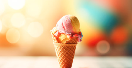 Summer dessert, ice cream in waffle crunchy cone, bright background. Vegan ice cream with drops and splashes of sweet sugar syrupの素材