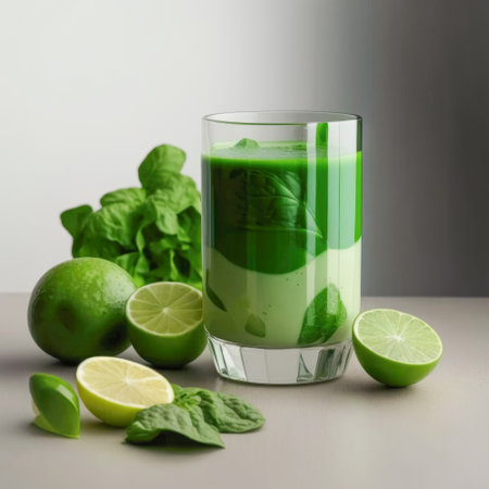 Green vegetable fruit smoothie in various glasses light background, Vegetarianism healthy lifestyleの素材