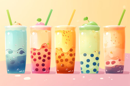 Fashion drink, bubble tea in glasses with a straw, yellow pastel background. Summer refreshing drinks with ice and fresh berriesの素材