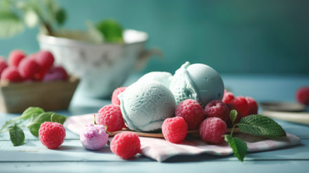 Homemade ice cream in balls decorated with fresh berries and mint leaf, on the kitchen table. Vegan berry ice cream, lactose freeの素材