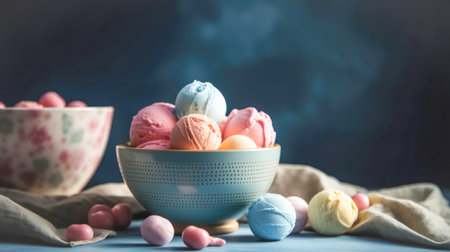 Homemade ice cream in balls with different flavors in a deep bowl on the kitchen table. Vegan berry ice cream, lactose freeの素材