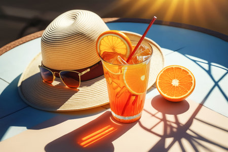 A glass with an orange drink, a cocktail stands on a cafe table by the outdoor pool, a bright summer day. Summer refreshing drinksの素材