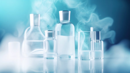 Laboratory test tubes and other various medical glassware, blue background. Pharmacy cosmetology conceptの素材