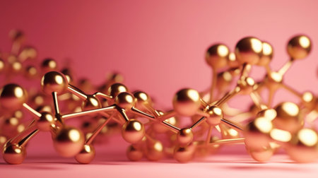 Molecular cosmetics, molecular chain of golden molecules pink background, golden threads cosmetology. concept of health beautyの素材