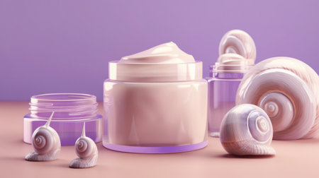 Jar Cosmetic products cream, gel, serum with snail mucin, Asian cosmetics, violet background. Spa and relaxation concept, natural organic skin careの素材