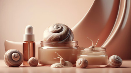 Various cosmetic products cream, gel, serum with snail mucin, Asian cosmetics. Spa and relaxation concept, natural organicの素材