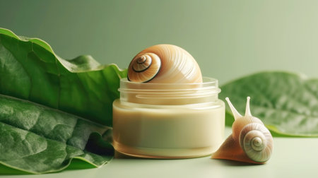 Cosmetic product with snail mucin in a glass jar, live snails, asian cosmetics, pastel green background. Natural organic skin care cosmetics based on snail mucusの素材
