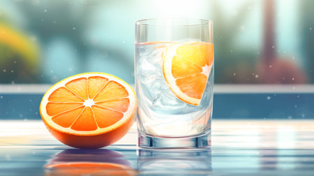 A glass of water with orange slices, ice on the background of an outdoor pool, a bright summer day. Summer refreshing drinksの素材