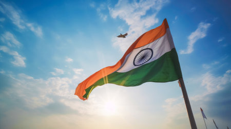 The National Tricolor Flag of India is waving against a blue sky. Banner for Indian Independence Day national holidayの素材