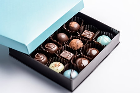 Chocolate candies in a blue festive box, white background, copy space. Sweet chocolate dessert, top view. AI generatedの素材