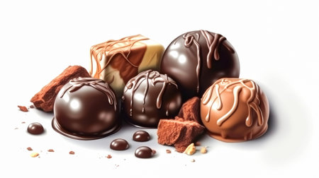 Candies from various types of chocolate, chocolate pieces, truffle lie in a heap, white background. Sweet chocolate dessertの素材