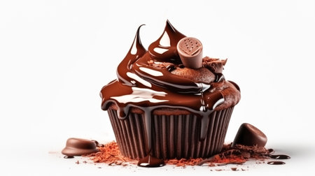 Chocolate dough muffin decorated with chocolate icing and chocolate pieces, white background, copy space. Sweet chocolate dessertの素材