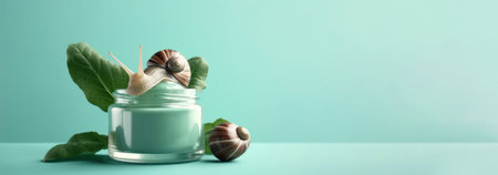 Jar Cosmetic products cream, gel, serum with snail mucin, Asian cosmetics, pastel blue background. Spa and relaxation concept, natural organic skin careの素材