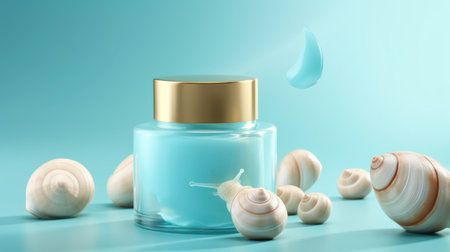 Cosmetic product with snail mucin in a glass jar, asian cosmetics, pastel blue background. Spa and relaxation concept, natural organic skin care cosmetics based on snail mucusの素材