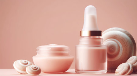 Cosmetics cream, gel, serum with snail mucin, Asian cosmetics, pastel background. Spa and relaxation concept, natural organic skin care cosmeticsの素材