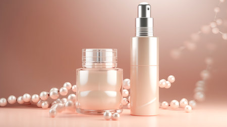 Cosmetic products for facial care and rejuvenation procedures, based on pearls, beige background copy space. Beauty conceptの素材