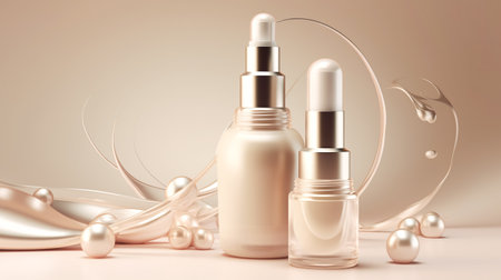 Cosmetic products for facial care and rejuvenation procedures, based on pearls, beige background copy space. Beauty conceptの素材