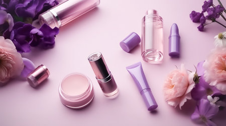 Professional makeup cosmetics pastel color palette, flat lay with flowers. Beauty concept, decorative professional productsの素材