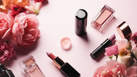 Professional makeup cosmetics pastel color palette, flat lay with flowers. Beauty concept, decorative professional productsの素材