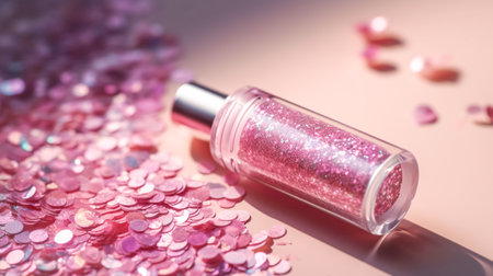 Makeup cosmetics, shiny glossy lip gloss or nail polish, liquid glitters in bottle, pink glitter background, Barbicor style.の素材