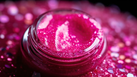 Makeup cosmetics, glitter glossy eye shadow or face blush, glitter in jar, pink glitter background, barbicor style. Beauty conceptの素材