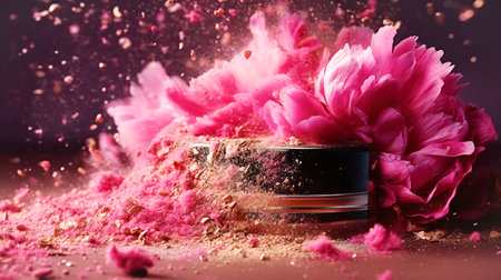 Professional makeup cosmetics, compact loose glitter eye shadow blush highlighter, pink background with natural flowersの素材