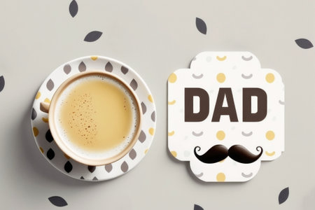 Black mustache cup of coffee, top view light background. Holiday card template, invitation. Illustration generated by AIの写真素材