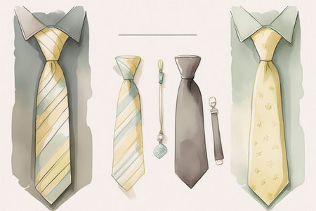 Various mens ties are laid out in a row. Holiday card template, invitation concept Fathers Day. Illustration generated by AIの写真素材