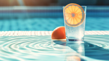 Tropical exotic cocktail in a beautiful glass with ice on the background of an outdoor pool. Summer drinks, beach holidayの素材