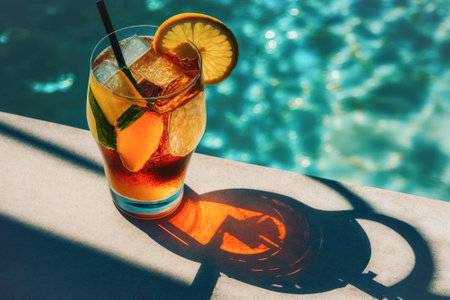 Tropical exotic cocktail in a beautiful glass with ice on the background of an outdoor pool. Summer drinks, beach holidayの素材