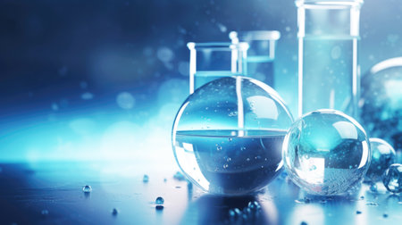 Laboratory test tubes and other various medical glassware, blue background. Pharmacy cosmetology conceptの素材