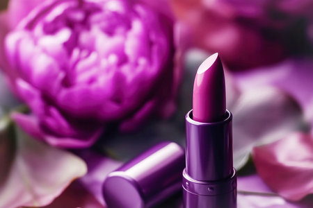 Professional makeup cosmetics, lipstick tube, purple background natural flowers. Beauty concept, decorative professional productsの素材