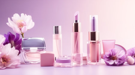 Professional makeup cosmetics pastel color palette, flat lay with flowers. Beauty concept, decorative professional productsの素材
