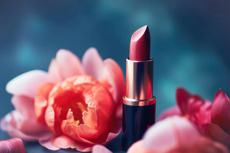 Professional makeup cosmetics, lipstick tube, pink background natural flowers. Beauty concept, decorative professional productsの素材