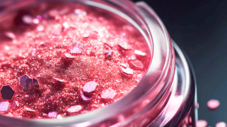 Makeup cosmetics, glittery loose face shadows or blush, glitters in jar, pink glitter background, barbicor style. Beauty conceptの素材