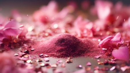 Makeup cosmetics, dry loose face shadows or blush, pink glitter background. Beauty concept, decorative professional productsの素材