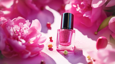 Cosmetics for makeup, shiny glossy nail polish pink bottle, pink background fresh flowers. Beauty concept, professional productsの素材