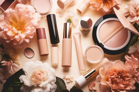 Professional makeup cosmetics pastel color palette, flat lay with flowers. Beauty concept, decorative professional productsの素材