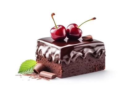 Chocolate cake, a piece of cake decorated with chocolate icing and a cherry, white background, copy space. Sweet chocolate dessertの素材