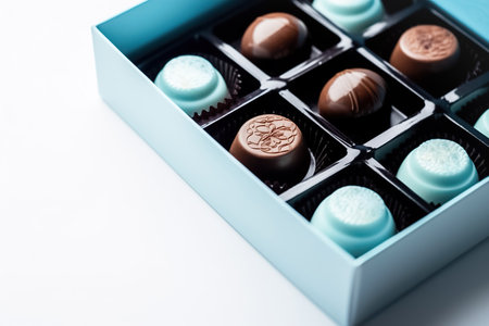Chocolate candies in a blue festive box, white background, copy space. Sweet chocolate dessert, top view. AI generatedの素材