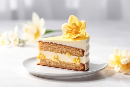 Vanilla cake slice or brownie with vanilla flower on a light background is a healthy organic summer dessert. Delicious sweet treatの素材