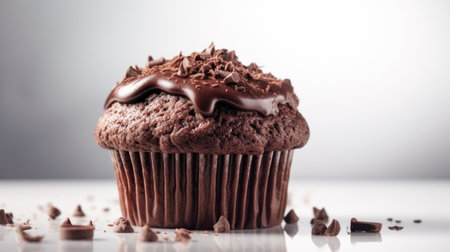 Chocolate dough muffin decorated with chocolate icing and chocolate pieces, white background, copy space. Sweet chocolate dessertの素材