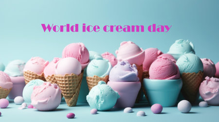 Summer dessert, ice cream in balls in bowls and waffle cones with different flavors on a bright modern backgroundの素材