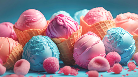 Summer dessert, ice cream in balls in bowls and waffle cones with different flavors on a bright modern backgroundの素材